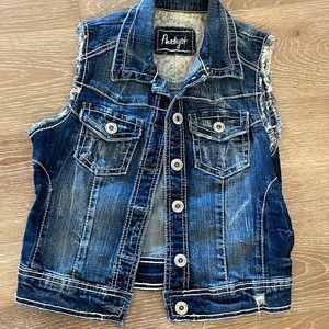 Where my country gals at? distressed denim vest, size medium